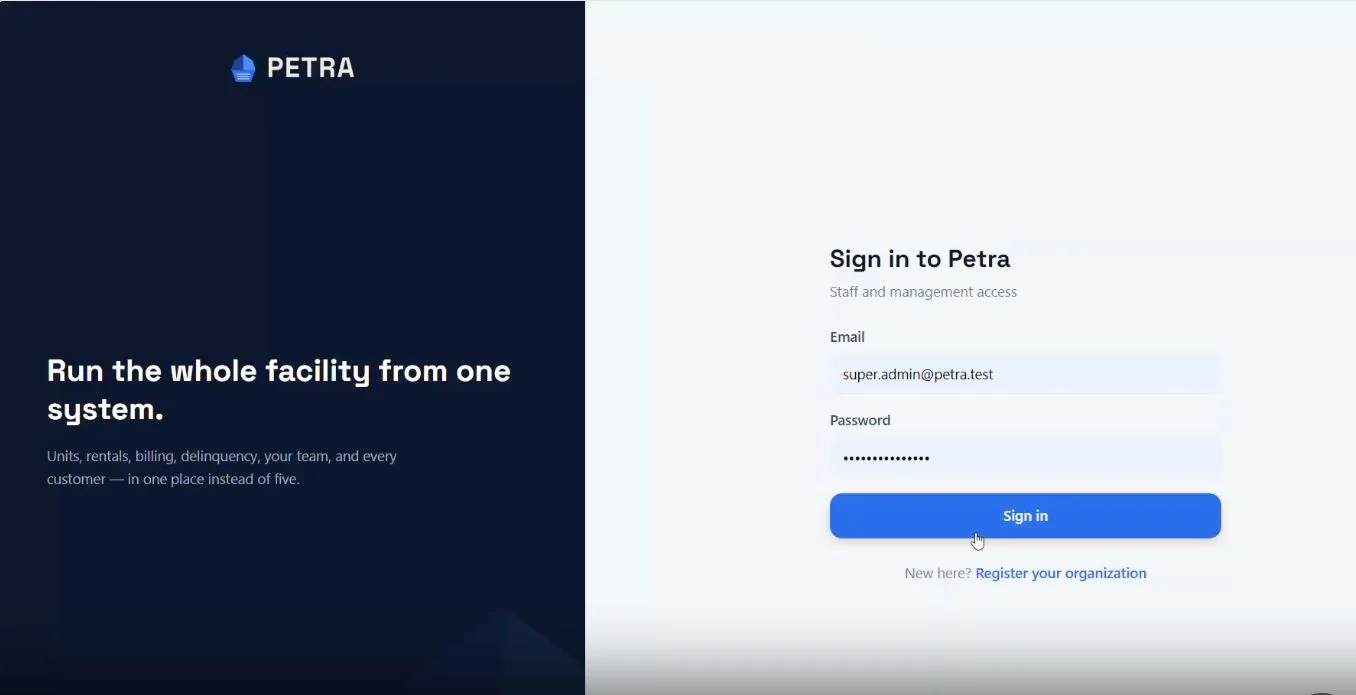Petra sign-in screen: "Run the whole facility from one system" beside the staff login form