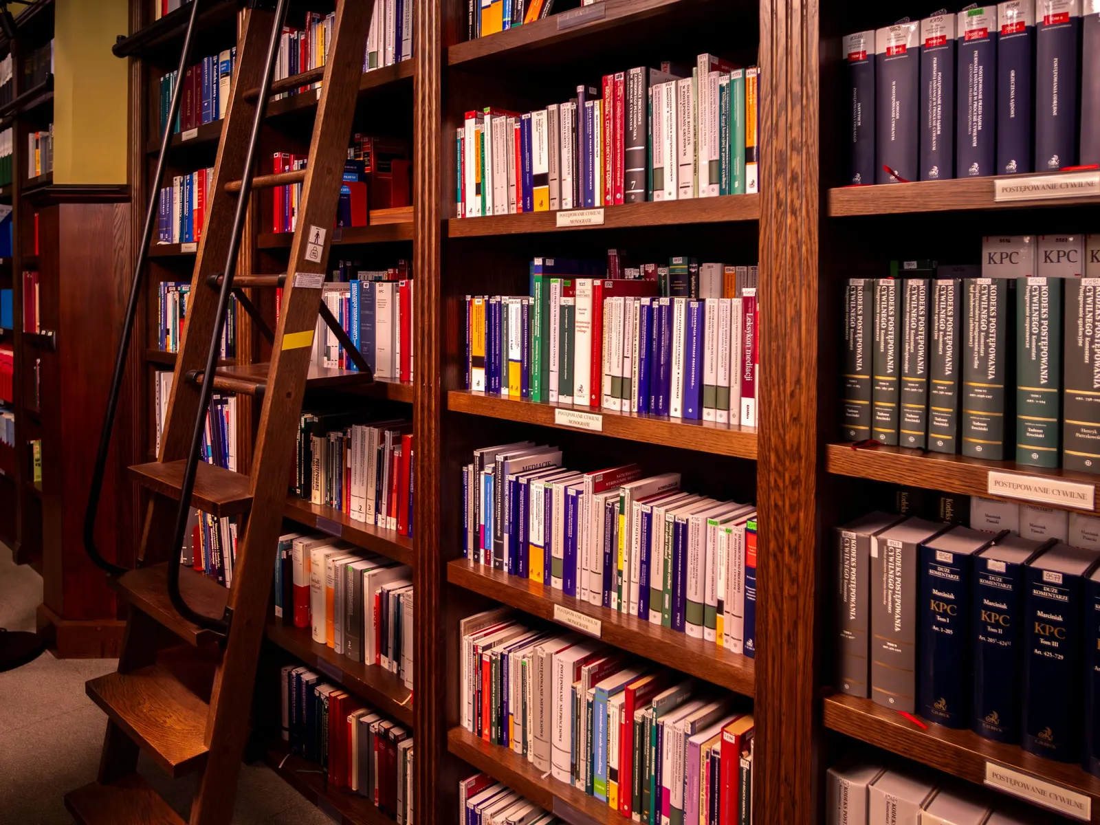 Wooden library bookshelves with a rolling ladder in a library in Wrocław, Poland